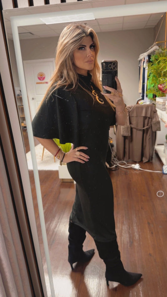 Black Dress with Flare Sleeves | Stretch Viscose