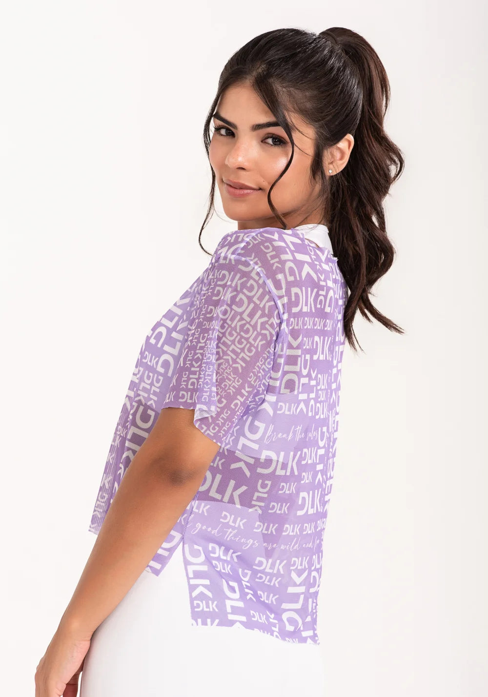 Women’s Sheer Mesh Top – Lilac Phrases Print – Printed