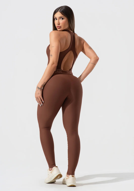 Women’s Fitness Jumpsuit – Brown V-Neck with Elastic Straps – Activity
