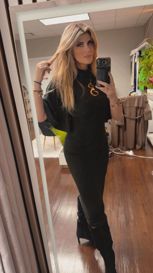 Black Dress with Flare Sleeves | Stretch Viscose