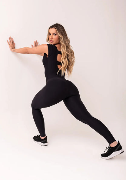 Black Long Jumpsuit with Short Sleeves