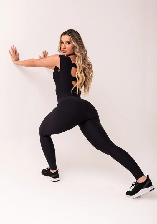 Black Long Jumpsuit with Short Sleeves