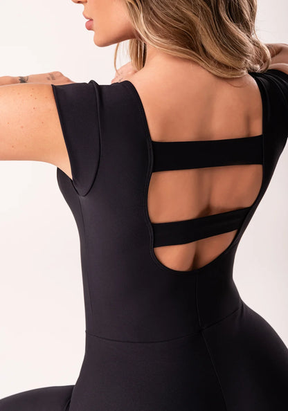 Black Long Jumpsuit with Short Sleeves