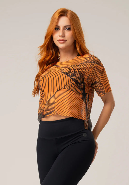 Women’s Sheer Mesh Top – Orange Print – Printed