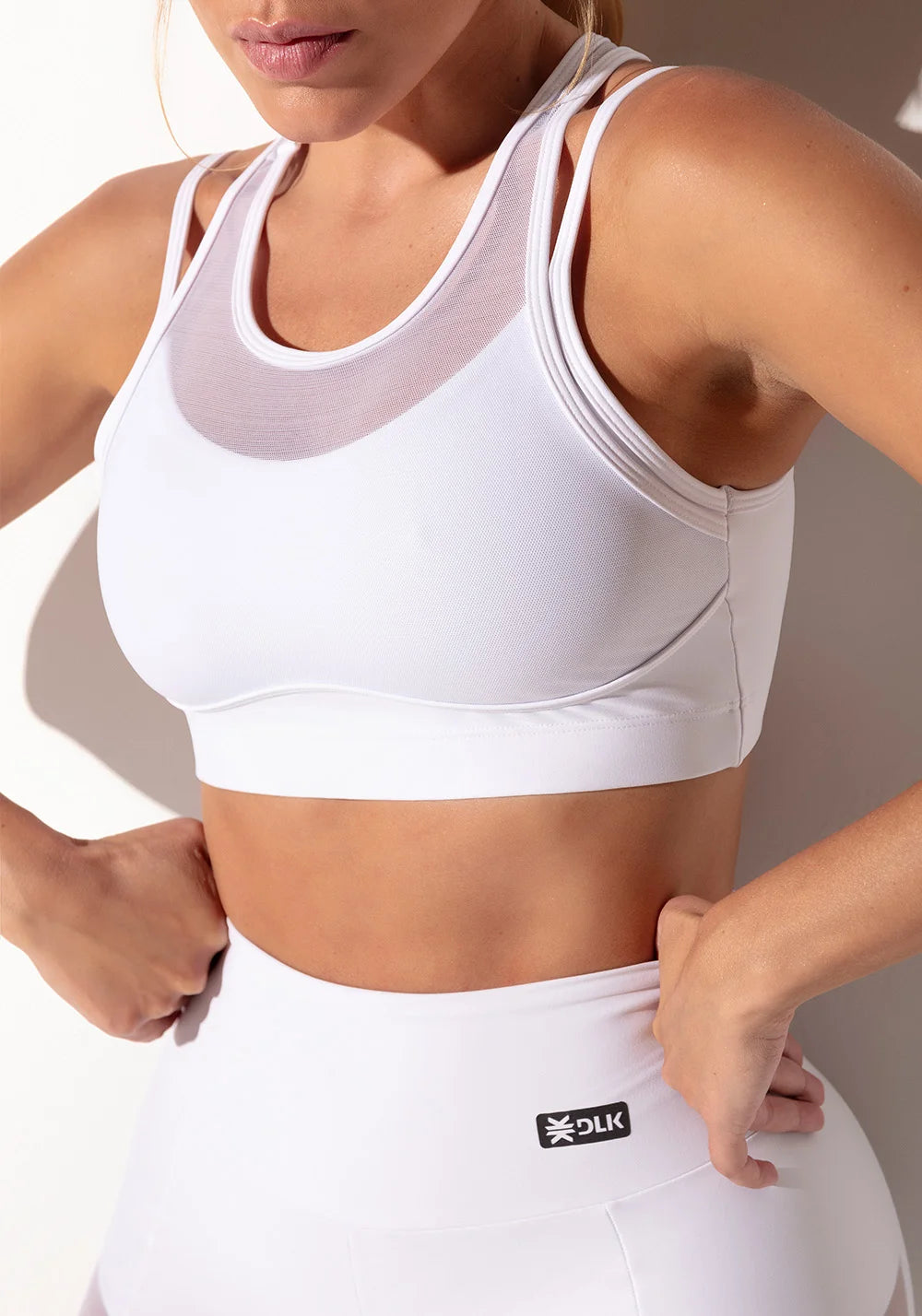 Women’s Fitness Set – White Overlay Mesh Top & White Mesh Cutout Leggings – Intense