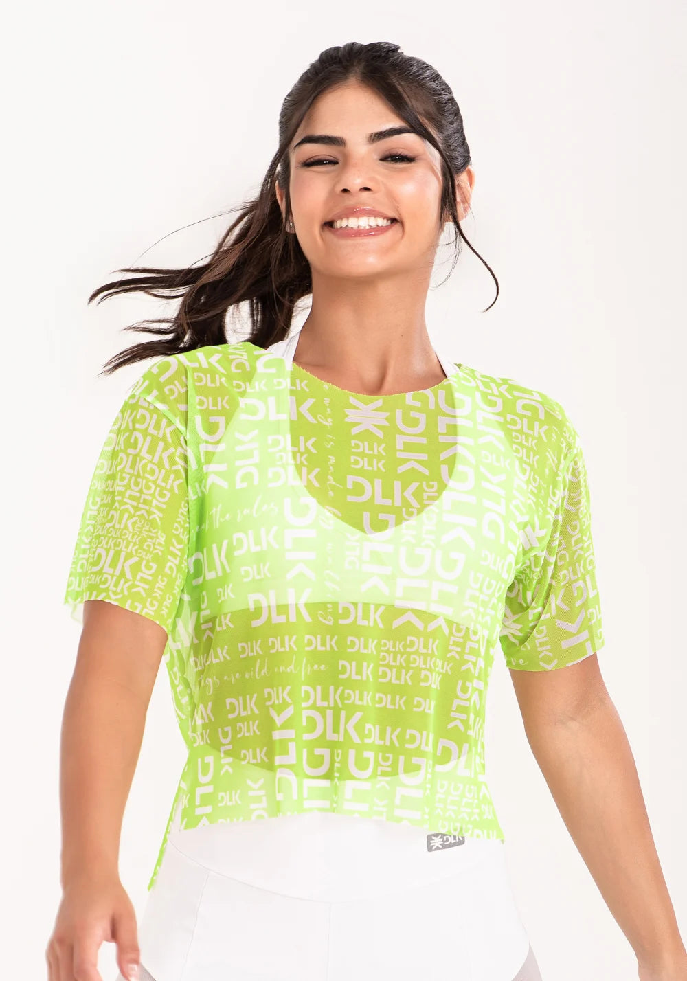 Women’s Sheer Mesh Top – Lime Phrases Print – Printed