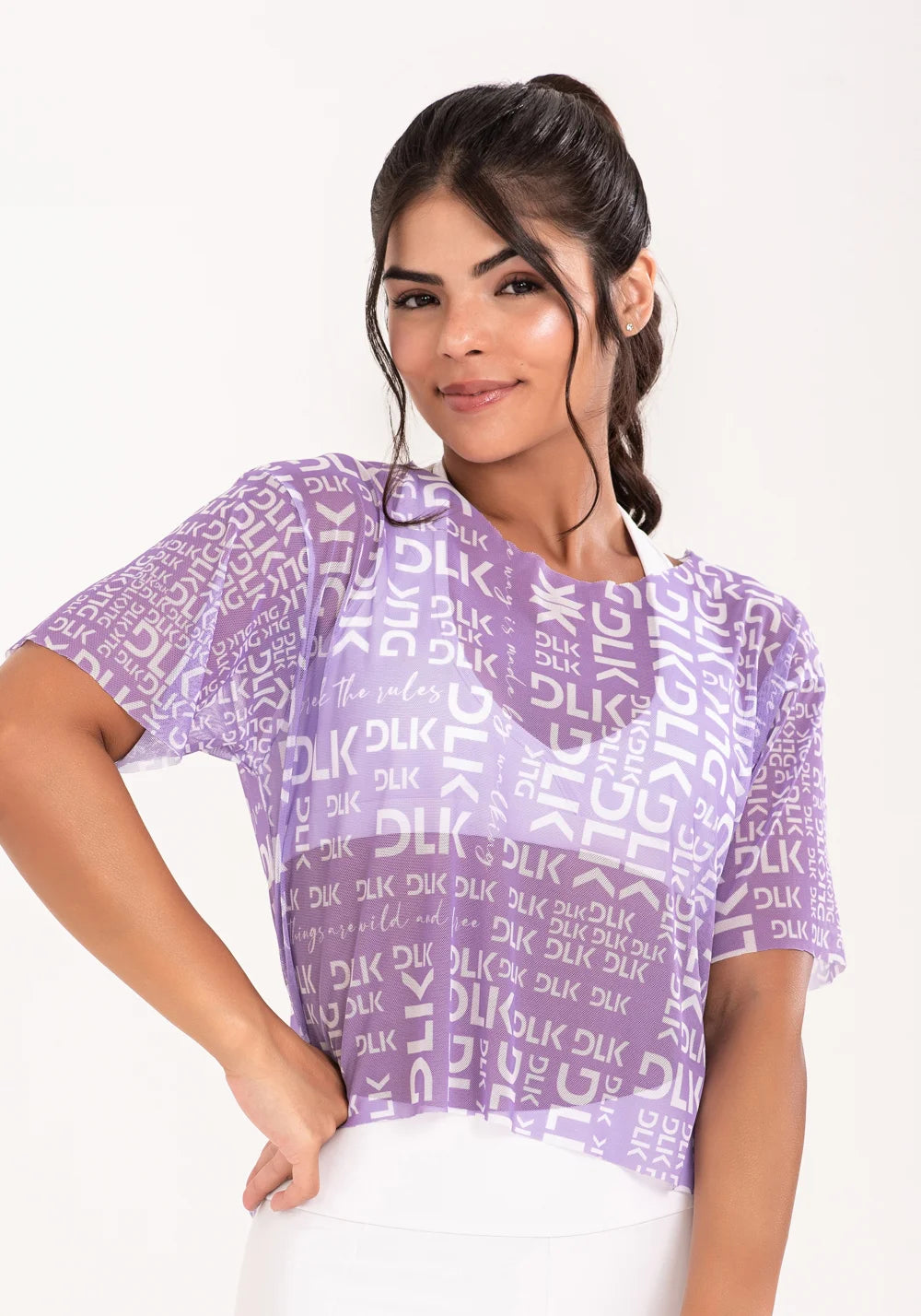 Women’s Sheer Mesh Top – Lilac Phrases Print – Printed