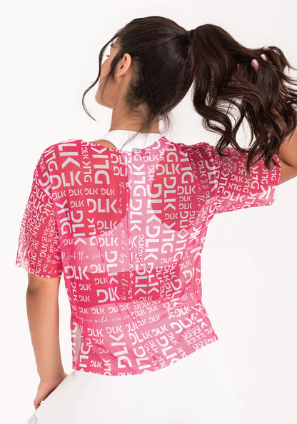 Women’s Sheer Mesh Top – Pink Phrases Print – Printed