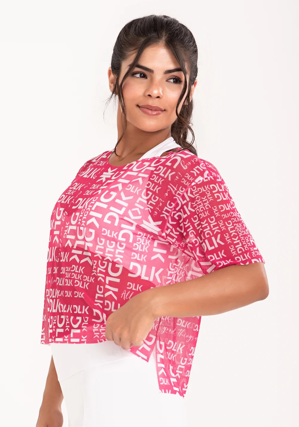 Women’s Sheer Mesh Top – Pink Phrases Print – Printed
