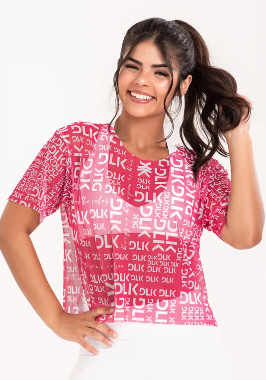 Women’s Sheer Mesh Top – Pink Phrases Print – Printed