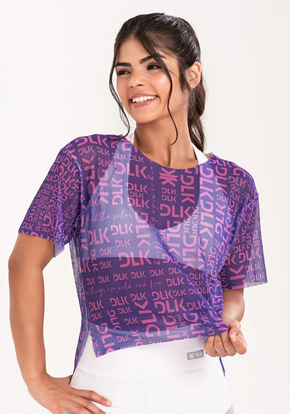 Women’s Sheer Mesh Top – Pink and Purple Phrases Print – Printed