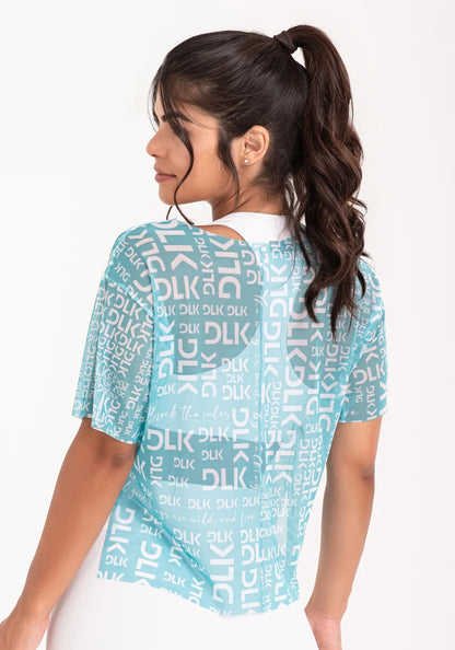 Women’s Sheer Mesh Top – Turquoise Phrases Print – Printed