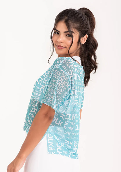 Women’s Sheer Mesh Top – Turquoise Phrases Print – Printed