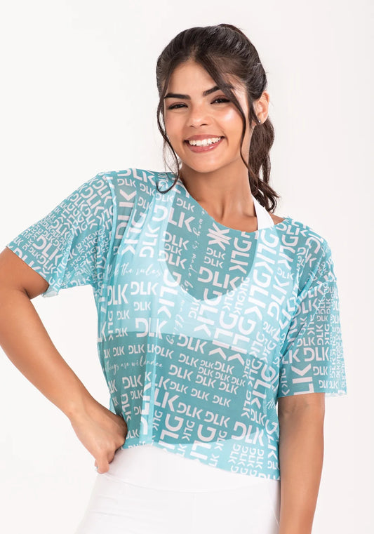Women’s Sheer Mesh Top – Turquoise Phrases Print – Printed