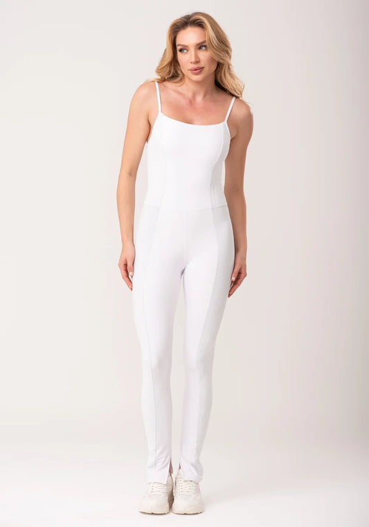 White Women’s Fitness Jumpsuit with Textured Side Cutouts – New Age