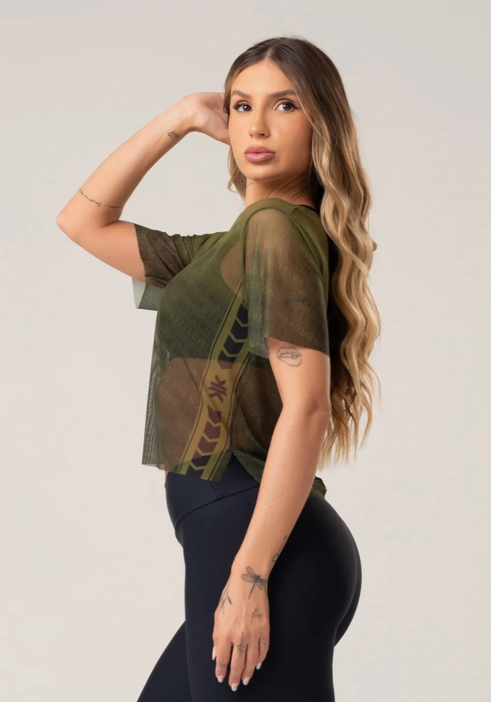 Women’s Sheer Mesh Top – Green Authentic Print – Printed