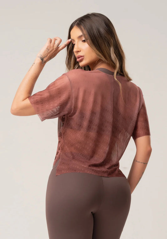 Women’s Sheer Mesh Top – Brown Authentic Print – Printed