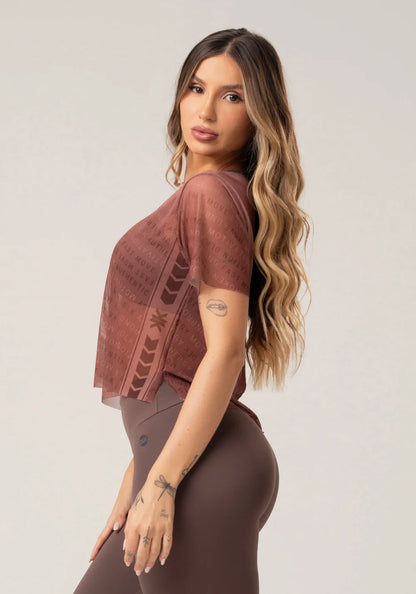 Women’s Sheer Mesh Top – Brown Authentic Print – Printed