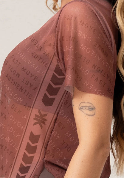 Women’s Sheer Mesh Top – Brown Authentic Print – Printed