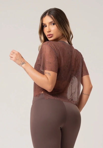 Women’s Sheer Mesh Top – Brown Logomania Print – Printed Mousse