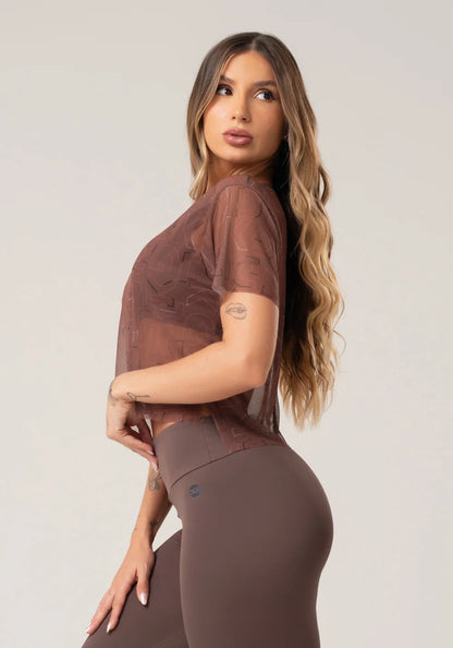 Women’s Sheer Mesh Top – Brown Logomania Print – Printed Mousse