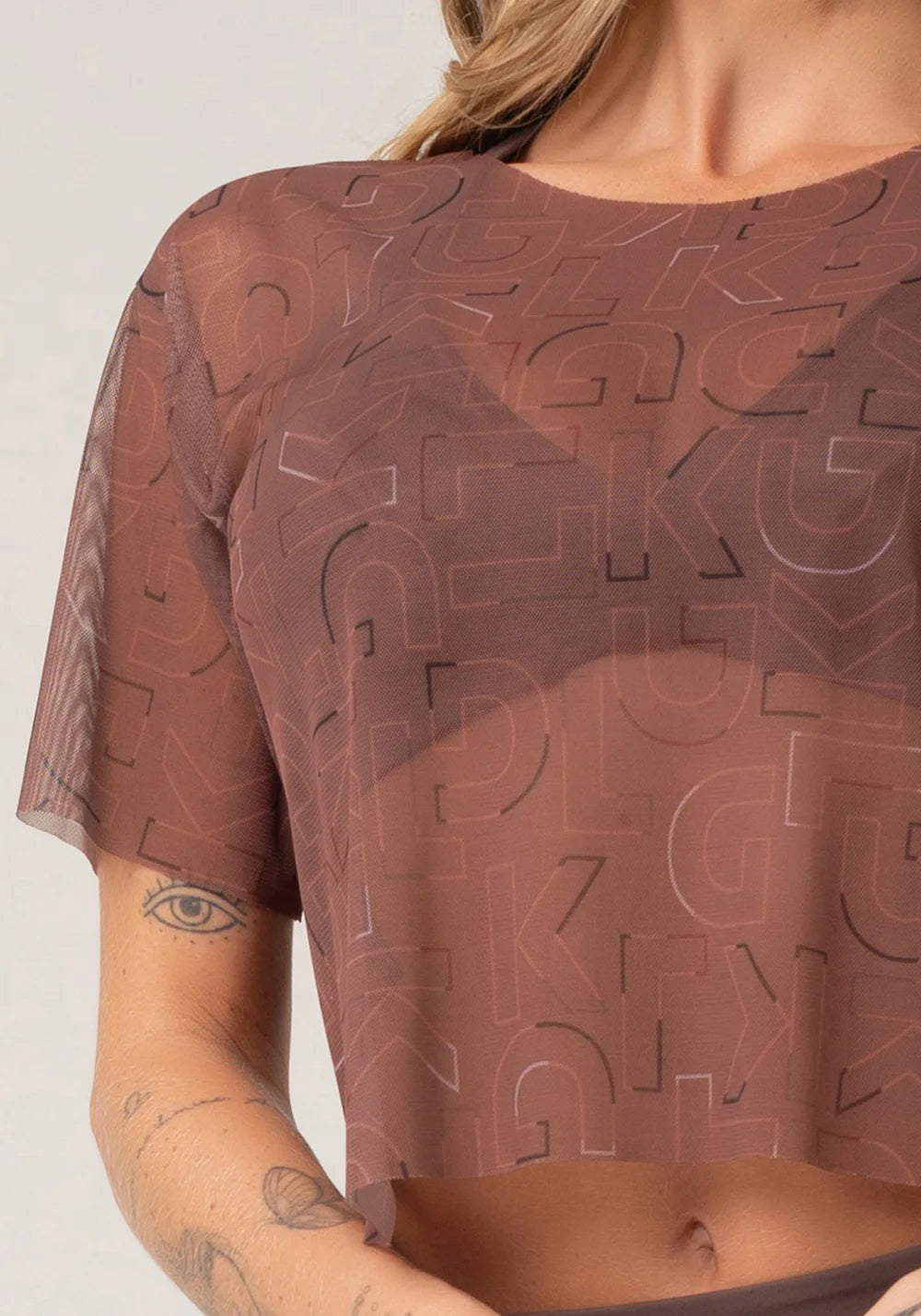 Women’s Sheer Mesh Top – Brown Logomania Print – Printed Mousse