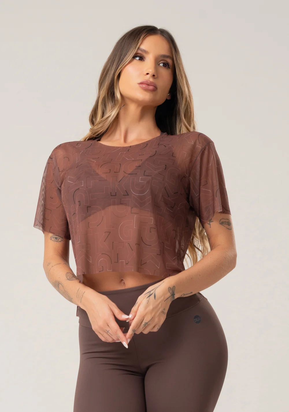 Women’s Sheer Mesh Top – Brown Logomania Print – Printed Mousse