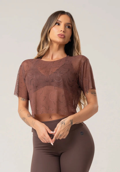 Women’s Sheer Mesh Top – Brown Logomania Print – Printed Mousse