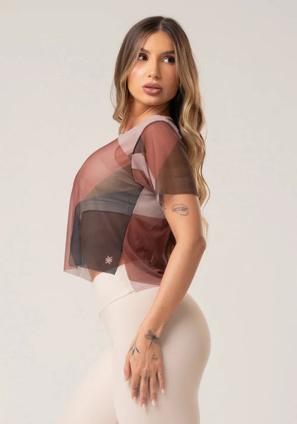 Women’s Sheer Mesh Top – Brown Strip Print – Printed