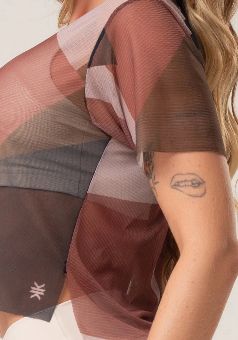 Women’s Sheer Mesh Top – Brown Strip Print – Printed