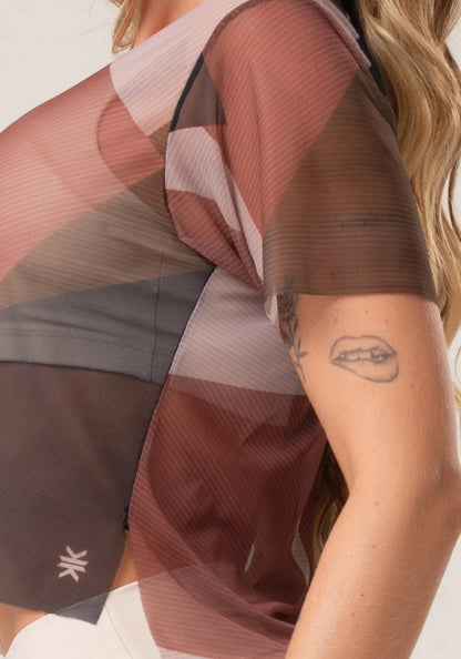 Women’s Sheer Mesh Top – Brown Strip Print – Printed