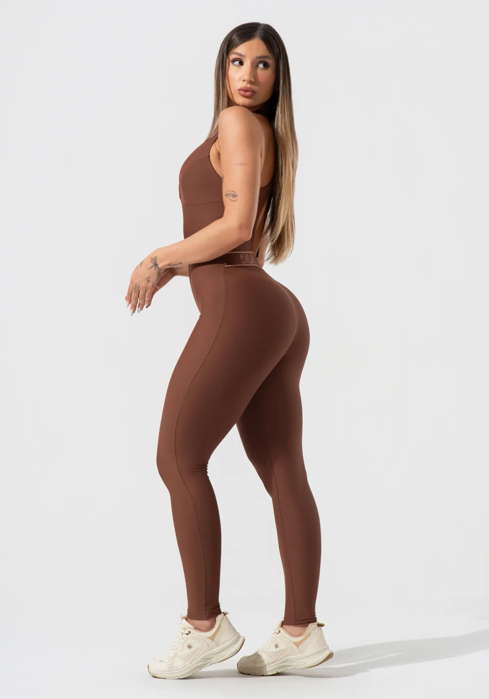 Women’s Fitness Jumpsuit – Brown V-Neck with Elastic Straps – Activity