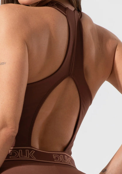 Women’s Fitness Jumpsuit – Brown V-Neck with Elastic Straps – Activity