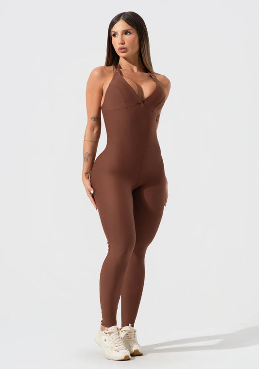 Women’s Fitness Jumpsuit – Brown V-Neck with Elastic Straps – Activity