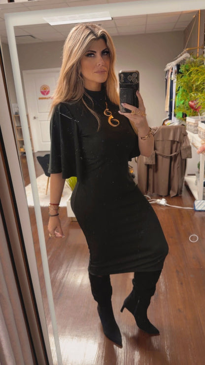 Black Dress with Flare Sleeves | Stretch Viscose