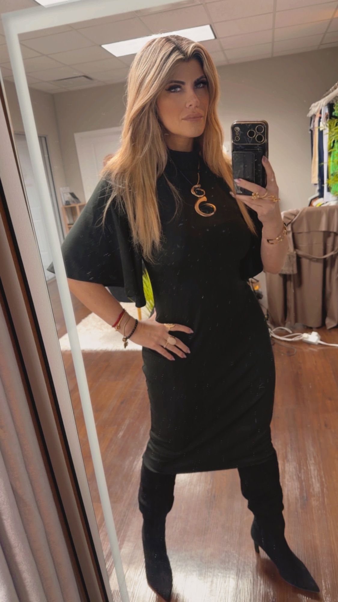 Black Dress with Flare Sleeves | Stretch Viscose