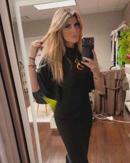 Black Dress with Flare Sleeves | Stretch Viscose
