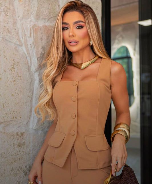 Amara Caramel Crepe 2-Piece Set | Kariok Boutique