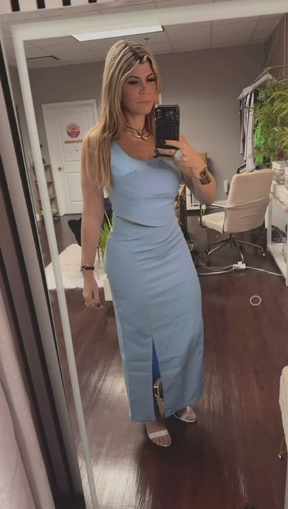 Blue Tailored Set | Cropped Top + Skirt