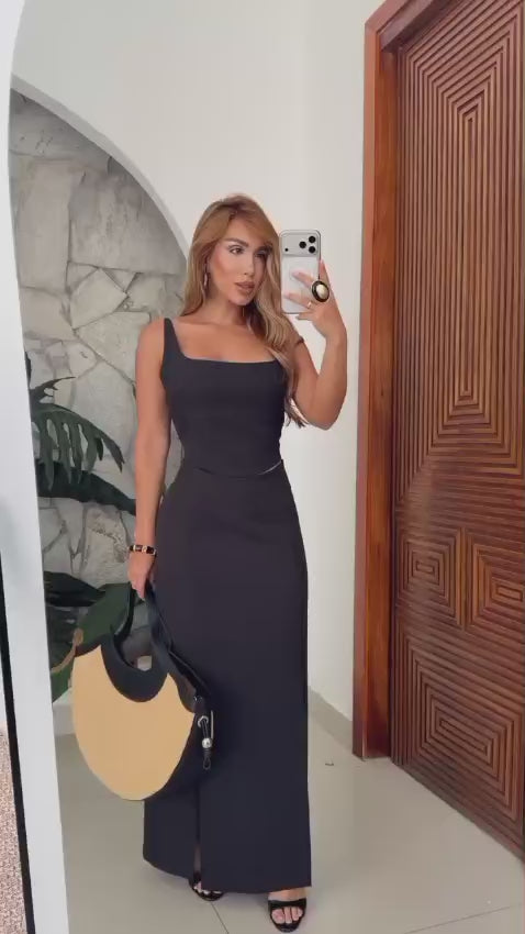 Black Tailored Set | Cropped Top + Skirt