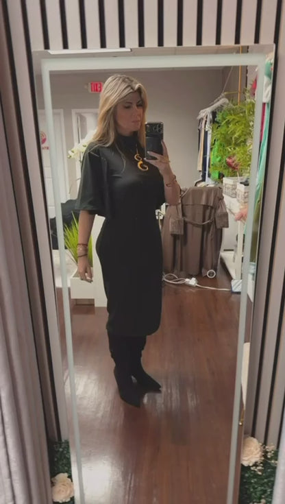 Black Dress with Flare Sleeves | Stretch Viscose